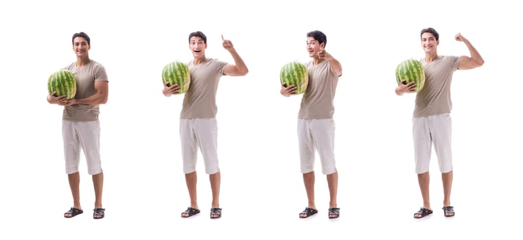 Young man with watermelon isolated on white