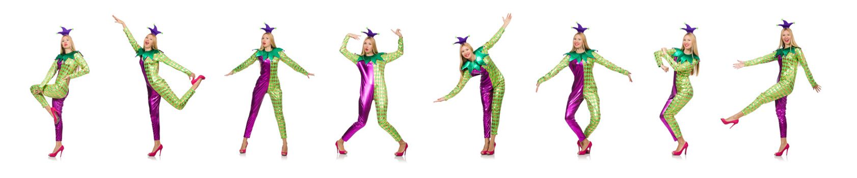 Woman wearing clown costume isolated on white