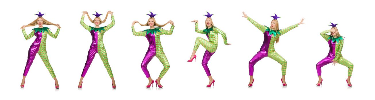 Woman wearing clown costume isolated on white