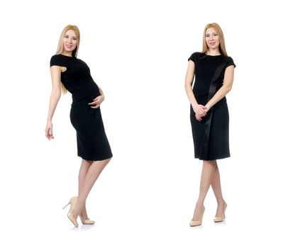 Pretty pregnant woman in black dress isolated on white