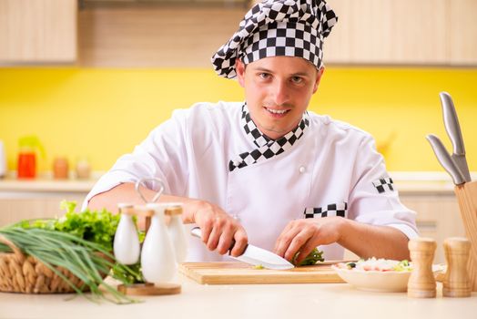 Young professional cook preparing salad at kitchen