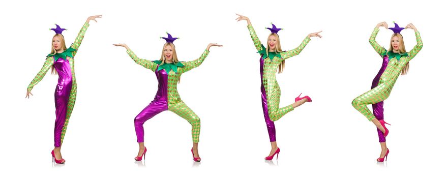 Woman wearing clown costume isolated on white