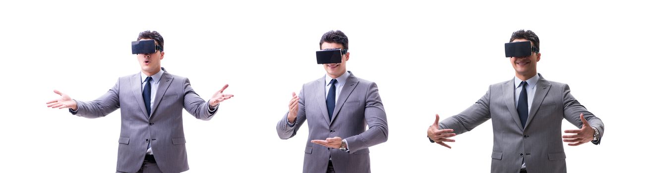 Businessman wearing virtual reality VR glasses isolated on white 