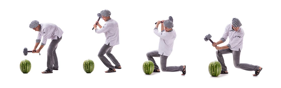 Young male cook with watermelon isolated on white