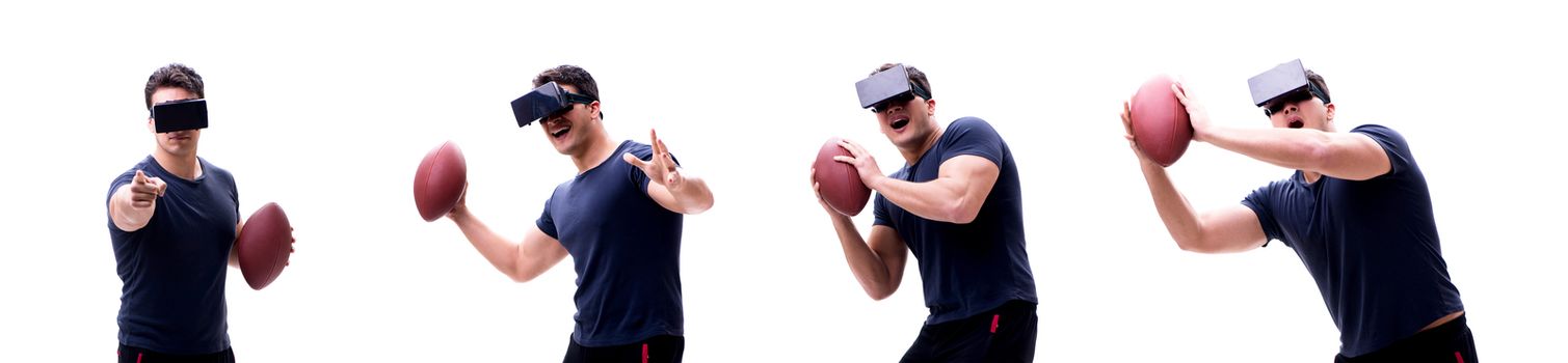 Male american footbal player wearing virtual reality VR glasses isolated on white