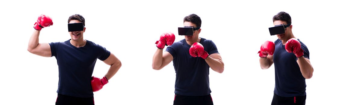 Male boxer wearing virtual reality VR glasses isolated on white 