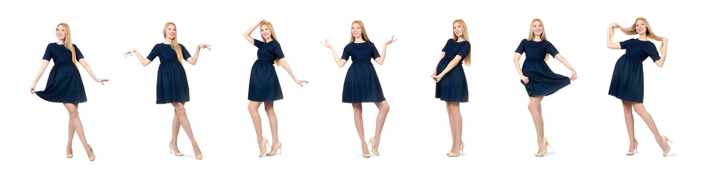 Beautiful pregnant woman in blue dress isolated on white