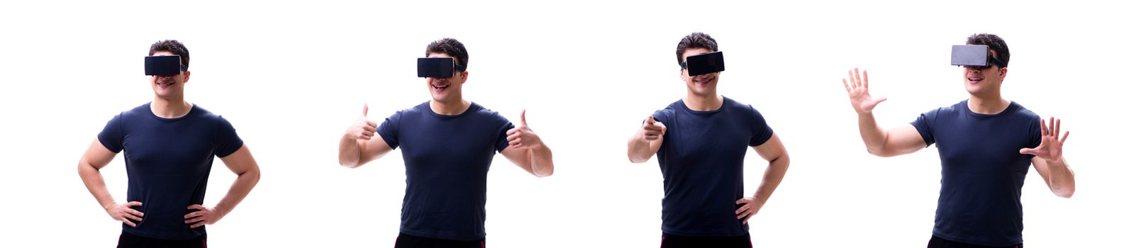 Young handsome man wearing virtual reality VR glasses isolated on white 