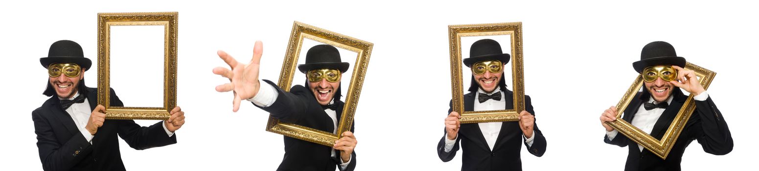 Funny man with picture frame on white