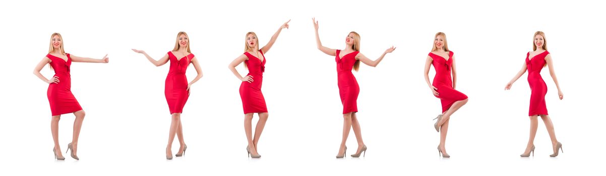 Blondie in red dress isolated on white