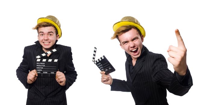 Funny man with movie clapboard
