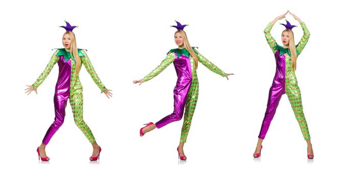 Woman wearing clown costume isolated on white