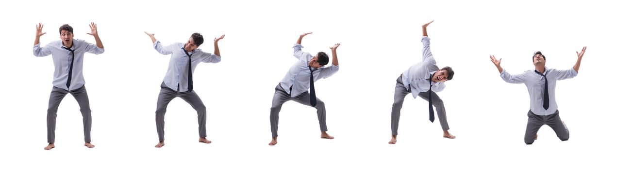 Young barefooted businessman isolated on white  