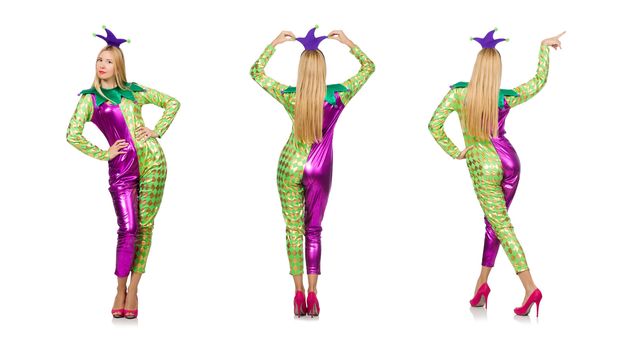 Woman wearing clown costume isolated on white