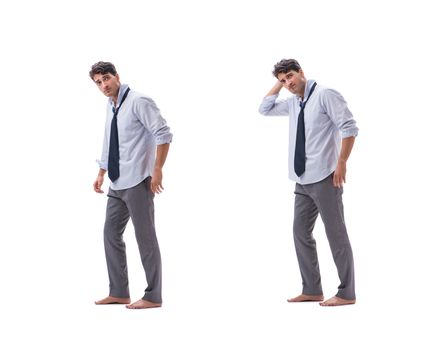 Young barefooted businessman isolated on white  
