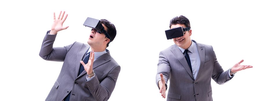 Businessman wearing virtual reality VR glasses isolated on white 