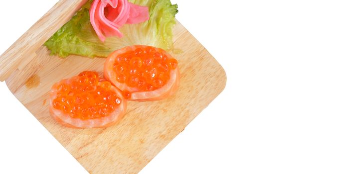 Japanese Cuisine - Sushi Roll on wood plate in white background