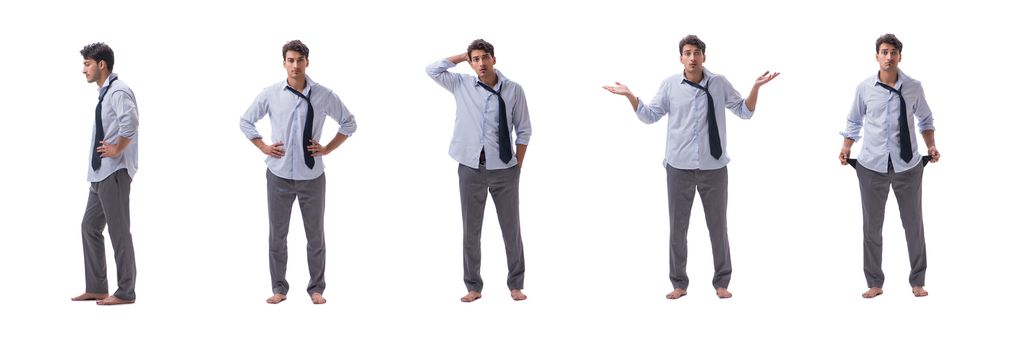 Young barefooted businessman isolated on white  