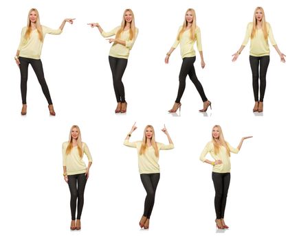 Pretty woman in yellow blouse isolated on white
