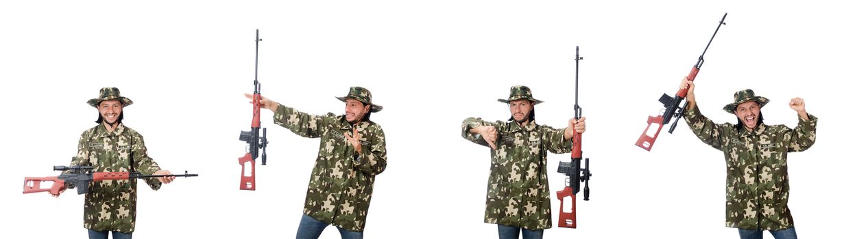Soldier with weapons isolated on white