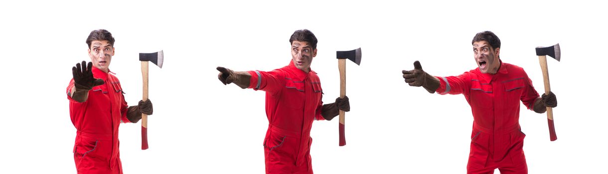 Contractor employee with axe on white background