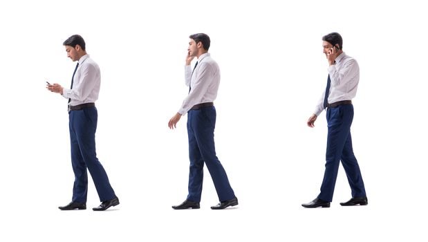 Businessman walking standing side view isolated on white background