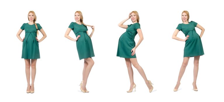 Beautiful pregnant woman in green dress isolated on white