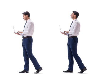 Businessman walking standing side view isolated on white background