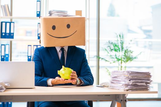 Happy man with box instead of his head