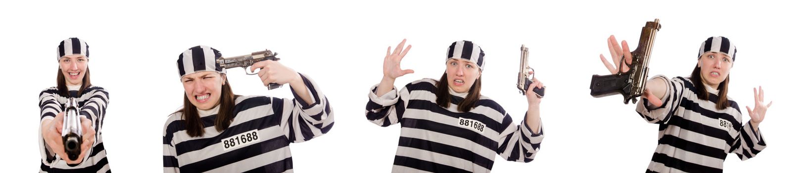 Young woman in prison isolated on white
