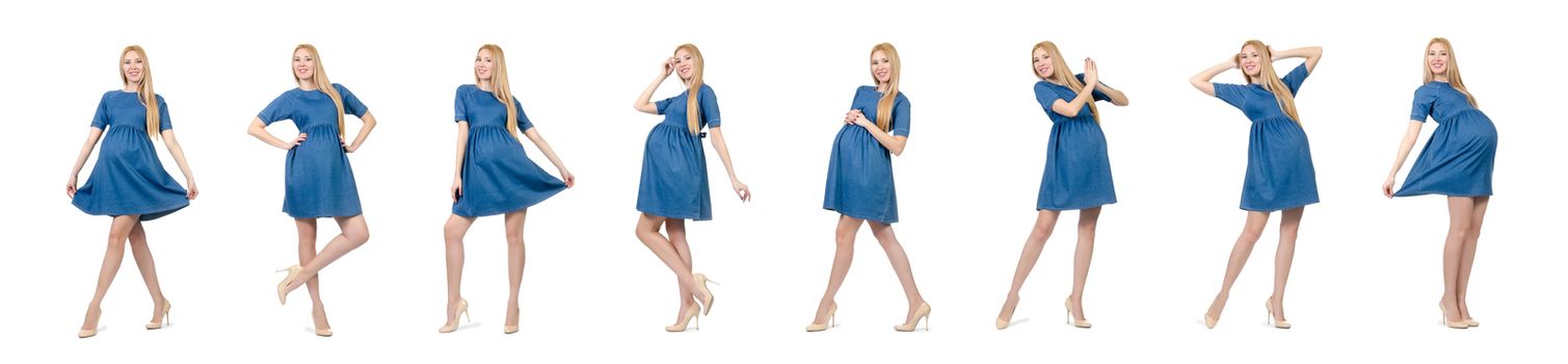 Beautiful pregnant woman in blue dress isolated on white
