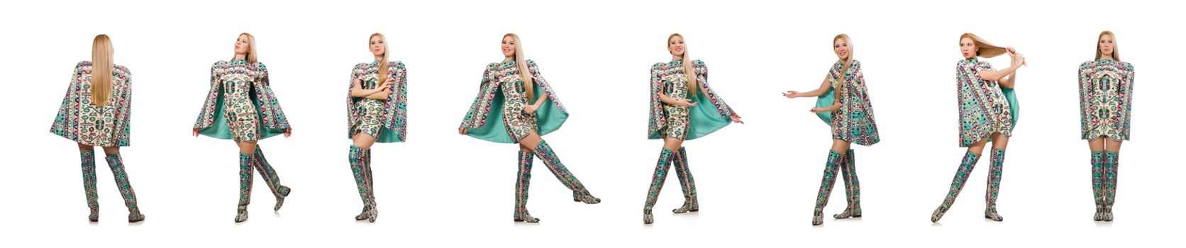 Model wearing dress with Azerbaijani carpet elements isolated on white