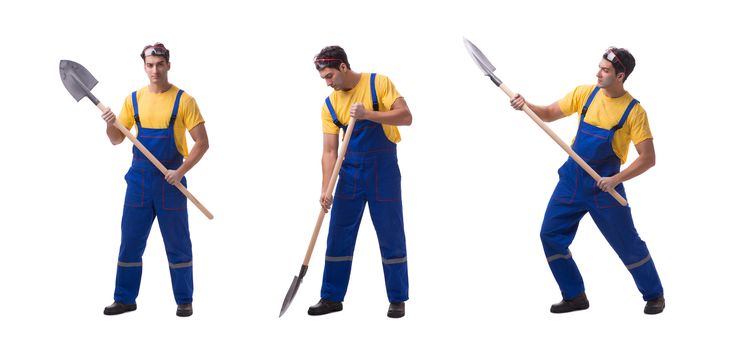 Contractor in blue coveralls with spade on white background