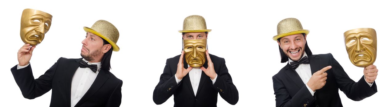 Man with theater mask isolated on white