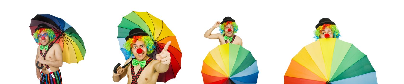Clown with umbrella isolated on white