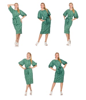 Young woman in green dress isolated on white