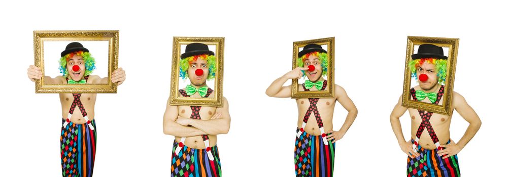 Clown with picture frame isolated on white