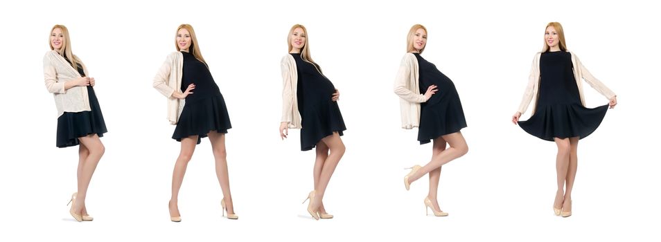 Pretty pregnant woman in mini black dress isolated on white