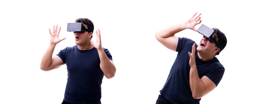 Young handsome man wearing virtual reality VR glasses isolated on white 