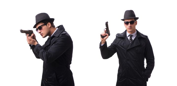Man spy with handgun isolated on white background