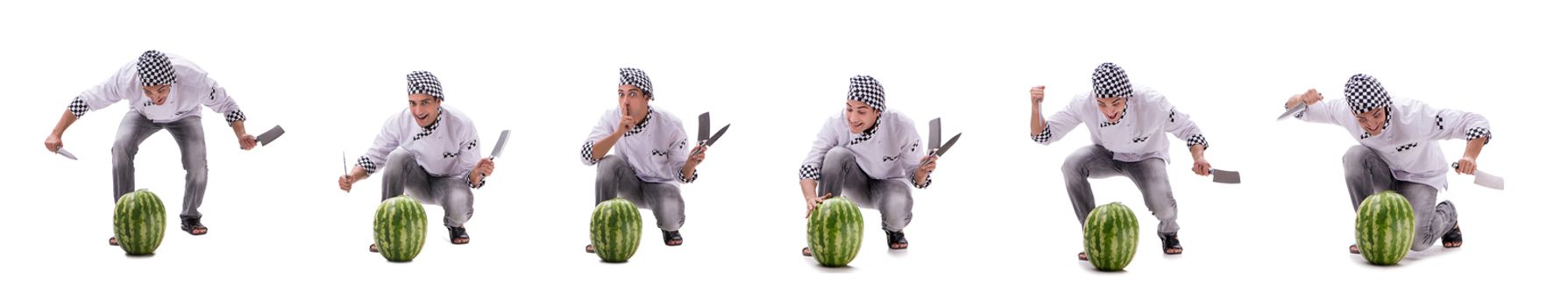 Young male cook with watermelon isolated on white