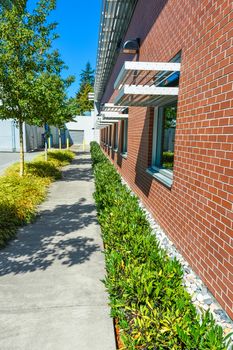 Brick wall of office building with weather shields above the windows. Office building with small hedge and concrete pathway along the wall