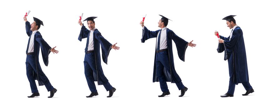 Young man happy with his graduation isolated on white 