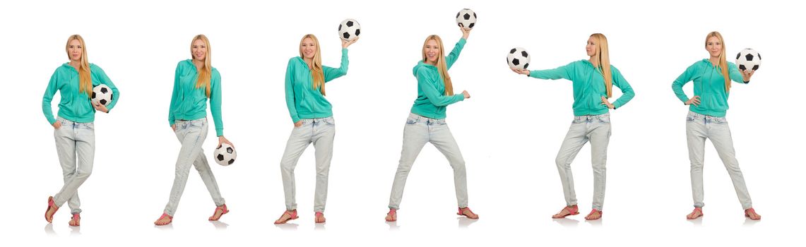 Woman with football on white