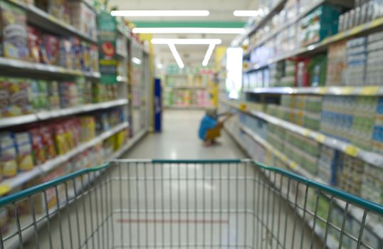 Abstract blurred atmosphere shopping cart in a shopping mall.