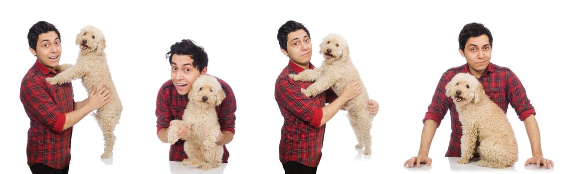 Young man with dog isolated on white