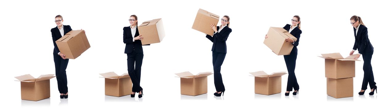 Woman businesswoman with boxes on white