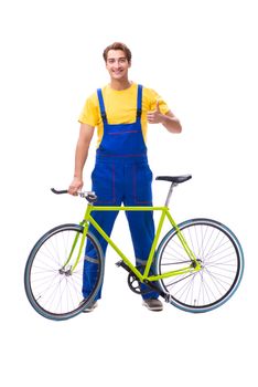 Man repairing his bike isolated on white background