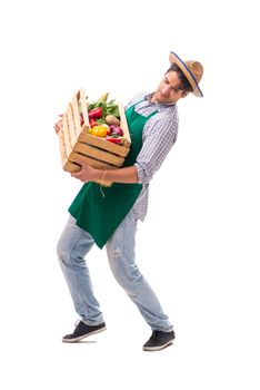 Young farmer with fresh produce isolated on white background