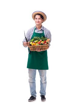 Young farmer with fresh produce isolated on white background